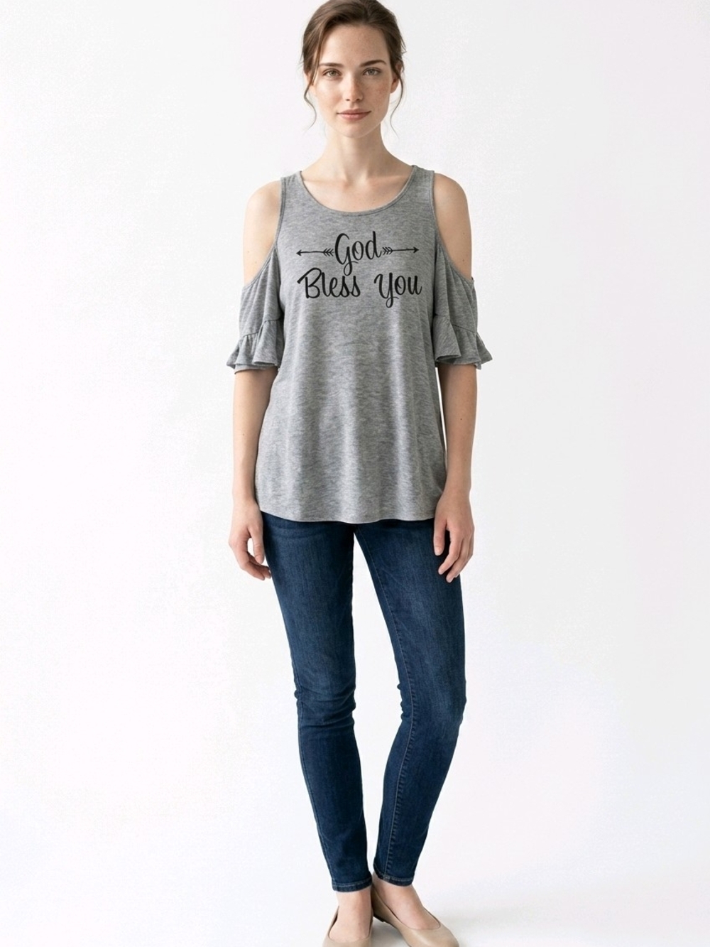 Cold-Shoulder Grey 'God Bless You' Women's Top Size Medium
